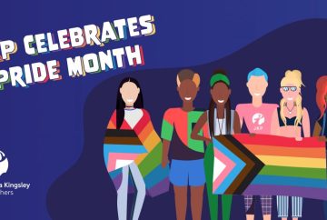 JKP Celebrates Pride Month: Cartoon People of various races and genders hold a rainbow flag